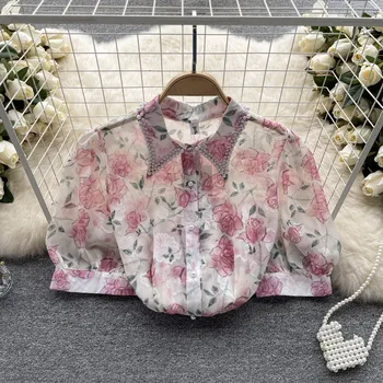 Vasariški prancūziško stiliaus karoliukais puošti marškiniai gėlėtomis trumpomis rankovėmis Ploni vintažiniai burbuliniai marškiniai Prašmatnūs šifono marškiniai