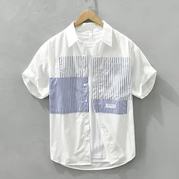 Vasaros medvilnės juostelės siuvimas Marškiniai trumpomis rankovėmis vyrams Mada Jaunimas Menas Šviežias vyriškas sandūra Laisvi laisvalaikio komforto marškiniai