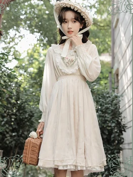 Vasaros nauja moteriška prancūziška vintažinė siuvinėta nėriniais siuvama siuvama kvadratine apykakle ilgomis rankovėmis vidutinio ilgio suknelė Lolitos mergina plona suknelė