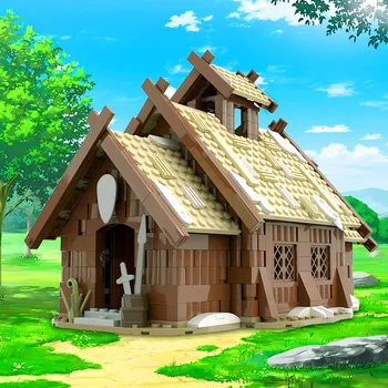 Viduramžių vikingų kaimas Midaus salės statybinių blokų rinkinys Namas Ūkinis laivas Valtis Drakonas Longship Architektūra Kaladėlių modelis Vaikams Dovanų žaislas