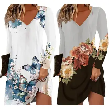 Vintage Pattern Print Party Dress Chic Vintage Print Party Dress Women's V-neck Loose Fit Long Sleeve for Office Summer Casual