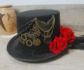 Vintage Stulbinantys unikalūs Steampunk Top Hat Black Gears Nėrinių šydas Rose Wings Grandininės skrybėlės Vakarėlių aksesuarai