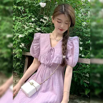 Violetinė V kaklo ilga vintažinė suknelė moterims Vasarinė elegantiška midi suknelė Maxi Y2k drabužiai Gimtadienio vakariniai drabužiai Princesės fėja