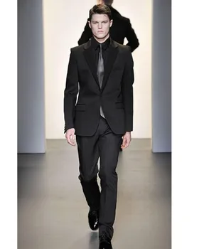 Vyriški kostiumai Slim Fit Siuvimas Juodos švarko kelnės 2 vnt.(Švarkas+Kelnės+Kaklaraištis)Vestuviniai kostiumai Vyrui Klasikiniai verslo kostiumų komplektai