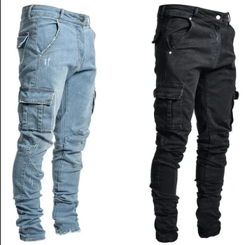 vyriški laisvalaikio kelių kišenių džinsai, gatvės stiliaus vidutinio tempimo džinsinės kelnės