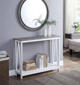 White & Distressed Grey Top Finish 2-Tier X-Design Occasional Console Sofa Table with Shelf Bookshelf Entryway Prieškambaris by ( Fil