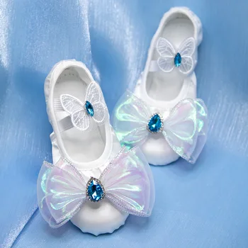 White Bowknot Vaikų šokių batai Praktikuokite katės nagų batų temperamentą Elegantiškas baletas Darželio spektaklis Šokių batai