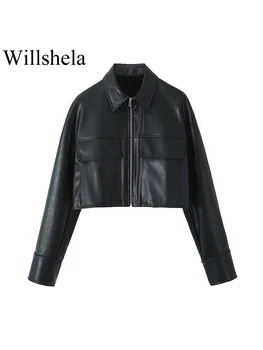 Willshela Moterų mada su kišenėmis PU juodos priekinės striukės su užtrauktuku Vintažinis atlapas Kaklas ilgomis rankovėmis Moteriška prašmatni ledi apranga