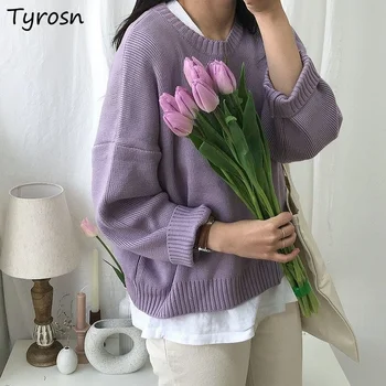 Women Solid Sweaters Tender All-match Ulzzang Femme Pullovers Simple Retro Sweet Daily Streetwear O-neck Fashion Lovely Knitted