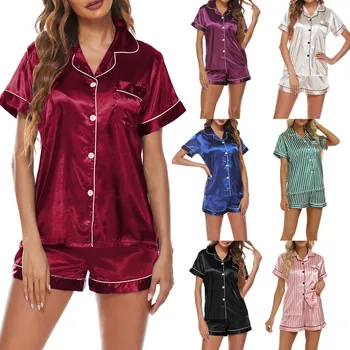 WPNAKS Moterys 2 dalių pižamos komplektas Vasariniai drabužiai Trumpomis rankovėmis marškiniai su sagomis ir elastiniai šortai poilsio drabužiams Miego drabužiai Naktiniai drabužiai