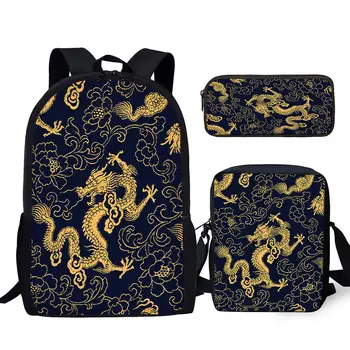 YIKELUO Madingas tradicinis kinų siuvinėtas drakonas spausdinti Sąsiuvinio kuprinė 3vnt Studentas atgal į mokyklą Dovanų krepšys Messenger krepšys