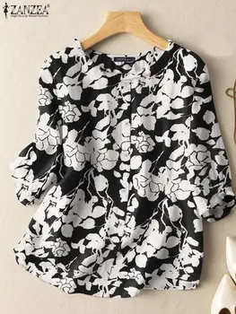 ZANZEA Vasarinė palaidinė Bohemijos gėlėmis marginti marškiniai Moterys Casual O Kaklas Trumpomis rankovėmis Blusas Femme Vintage Loose Tops Oversize