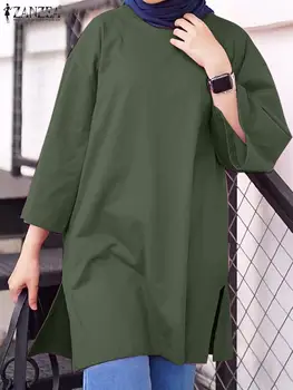 ZANZEA Vintage Casual Loose Muslim Shirt Work Party Blusas Oversize Women Blouse Fashion Autumn O Neck 3/4 Sleeve Solid Tops