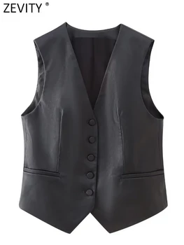 Zevity New Women Fashion V Neck Single Breasted Faux Leather Slim Vest Jacket Office Lady WaistCoat Fake Pocket Tops CT5312