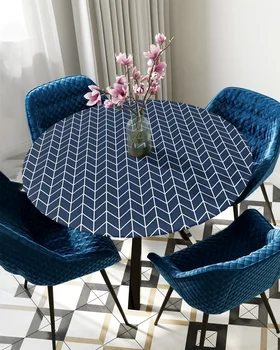 Zigzago raštas Mėlyna geometrinė tekstūra Apvali staltiesė Elastinga stalo danga Neperšlampamas valgomojo stalo dekoravimo priedas