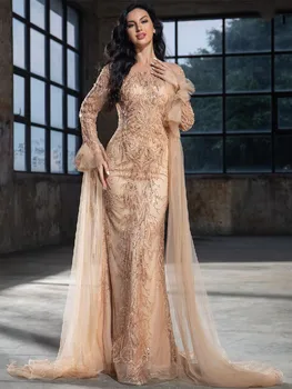 Šampanė Undinėlė Vakarinės suknelės ilgomis rankovėmis Aukšto kaklo aplikacijos Karoliukai 3D nėriniai Blizgučiai Užtrauktuku Prom suknelės Chalatai Pagal užsakymą pagaminti
