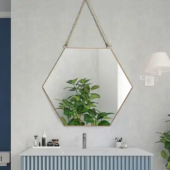 Šiaurės šalių sieninis šešiakampis makiažo veidrodis Užapvaliais kraštais Padažas Kosmetinis vonios veidrodis su pakabinama grandine Namų dekoravimas