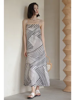 Šifono dirželis Suknelė Moteriška vasarinė vienos linijos kaklas Prancūziška juostelė Ilga suknelė High Sense paplūdimio sijonas Atostogų sijonas