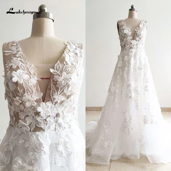 Šiuolaikinės V formos kaklo gėlių 3D gėlės nėrinių aplikacijos A-line vestuvinė suknelė Tiulio nuotakos suknelė šluojama be pečių