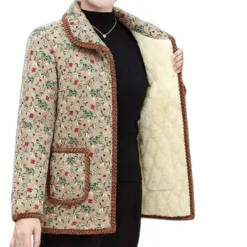 Žiema Pagyvenusių moterų striukė 2023 Rudens motinos Aksomas Sutirštinti viršutinius drabužius Šilta medvilnė paminkštinta striukė Žieminė laisva medvilnė