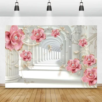 Žiema Retro kolona Rožinės gėlės Archway vestuvių nuotrauka Fonas Kūdikio dušas Gimtadienio fotografija Fonas Svetainės dekoras