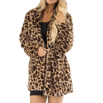 Žieminis leopardas Dirbtinis kailis Moterys Ilgas žieminis paltas lauke Laikykite šiltą moterį Kailio striukė Moteriškas pliušinis meškiukas Vilnos drabužiai