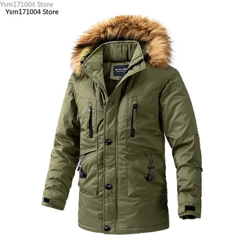 Žieminis vyriškas parko paltas Vienspalvis kelių kišenių užtrauktukas Laisvas šiltas pūkinis paltas Aukštos kokybės laisvalaikio vyriška medvilninė pūkinė paltė