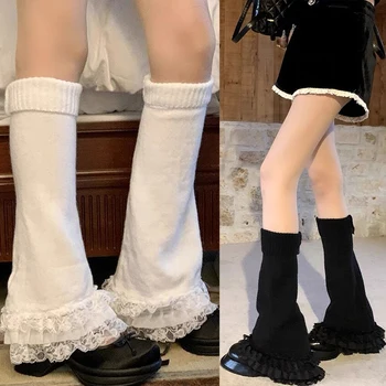 Žieminė megzta pėda šiltas viršelis Moterys Merginos Y2k Vintažiniai nėriniai Gėlių Lolita Jk Baltas juodas veršelis Kelio ilgos kojinės Harajuku kojinės
