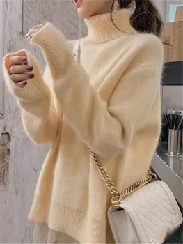 Žiemos mados audinės kašmyro megztinis Moteriškas laisvas baltas pūkuotas megztinis Minkštas žieminis oversized megztiniai Pagrindinės viršūnės