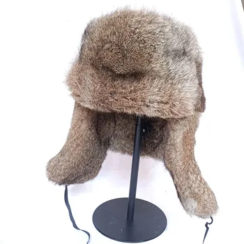 2022 Moterys Tikra triušio kailio kepurė su ausų dangteliu Šilta žiema Moteris aukštos kokybės natūralaus kailio bombonešio skrybėlė Tikras kailio dangtelis