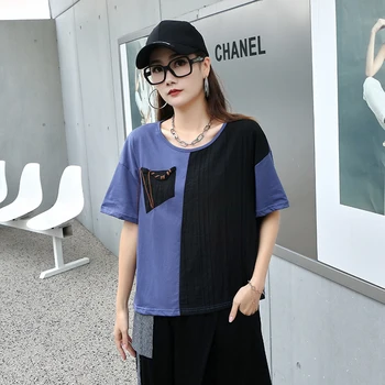 230228 Moteris Asimetriški kontrastinės spalvos marškinėliai Moteris Korėja 2023 Vasara Nauja kišeninė asmenybė Mada Laisvas trumpų rankovių trikotažas