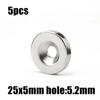 5vnt 25x5mm skylė: 5.2mm super stiprus apvalus neodimio priešpriešinis žiedinis magnetas Rare Earth N35
