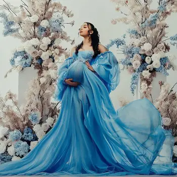 Blue Prom suknelės moterims Empire Waist Maxi suknelė Pūkuotos pilnos rankovės Suknelė Baby Shower Nėrinių aplikacijos vakarėlis Vestidos Novia