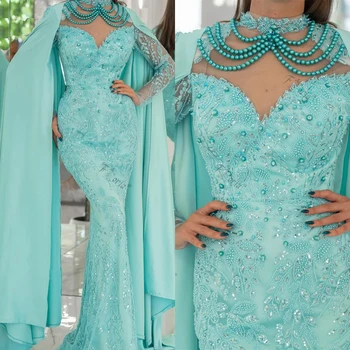 Dubajus Arabija Undinėlė Vakarinė suknelė Long Cape Pearls Beading Prom Gowns Women Party Vestidos De Novia