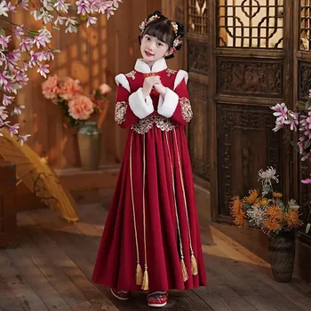 Elegantiškos kinų stiliaus merginos Žiemos Hanfu suknelė Vintažinis Naujųjų metų tango kostiumas Pūkinis kraštas Sutirštintas šiltas pasakų sijonas Senovinis kostiumas