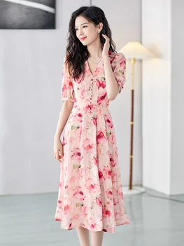Fragmentuota gėlėta suknelė moteriškai 2023 m. vasaros naujo juosmens šou Lieknas temperamentas Aukščiausios klasės išskirtinė rožinė spauda vidutinio ilgio suknelė