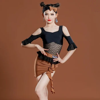 Girls Off-Shoulder Latin Dance Clothing Bodysuit Sijonas ChaCha Practice Suit Modern Rumba Samba Performance Outfit DL10017