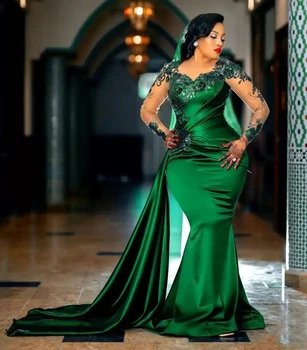 Green African Aso Ebi Vakarinės suknelės Undinėlė ilgomis rankovėmis Aplikacijos Oficiali vakarėlio suknelė Prom suknelės juodaodėms merginoms