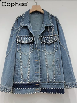 Heavy Industry Chain Rhinestone džinsinis švarkas moterims 2023 m. ruduo Naujas populiarus atlapas Viengubas krūtinės paltas Madinga džinsų striukė