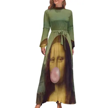 Mona Liza Kramtomosios gumos suknelė Juokinga gatvės mada Bohemijos suknelės Moteriškos ilgos rankovės Aukštas kaklas Miela ilga Maxi suknelė
