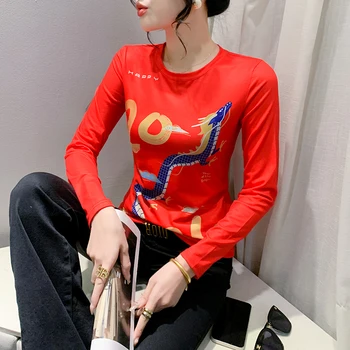 Naujųjų metų spauda Moteriški marškinėliai ilgomis rankovėmis O Kaklas Moterys Raudoni trišakiai Moteriški marškinėliai Viršutiniai drabužiai