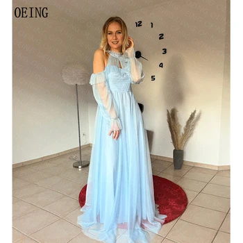 OEING Grakštus apykaklė Quinceanera suknelės Moterys nuo peties A-line Prom suknelė Mėlyna grindų ilgis Tiulis Vestidos De Fiesta