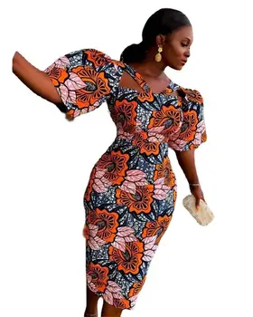 Poliesterinės afrikietiškos suknelės moterims 2023 Vasaros Afrikos moterys Spausdinimas puse rankovių Suknelė iki kelių Afrikos Spausdinti suknelės