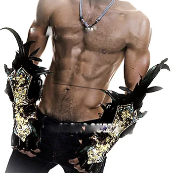 Seksualus vyras juodas Festivalis Plunksna Riešo gabalas naktinis klubas baras dainininkas šoka catwalk kostiumas auksinis modelis Scenos šou Gear Wear