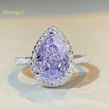 Shining U S925 Sidabrinės kriaušės formos levandų violetinės aukštos anglies deimantų brangakmenių žiedas moterims Puiki papuošalų jubiliejinė dovana