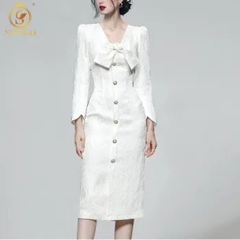 SMTHMA 2022 Naujai atvykusi korėjietiška saldi plona suknelė moteriška ilgomis rankovėmis lankas V formos kaklas vienguba žakardo balta suknelė Vestidos