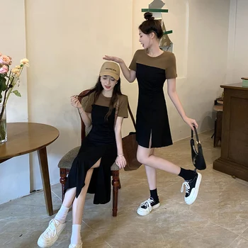 Summer Spliced Hit Color Moteriškos suknelės Split Fork Korean Fashion Casual Harajuku Sisters Drabužiai Elegantiški Daily Simple Black Nauji