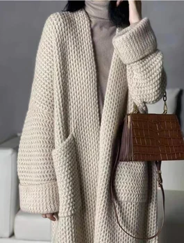Sunkus storas kašmyro megztinis moterys grynas kašmyras V formos kaklas ilgas susuktas laisvas megztinis megztinis kašmyras mezgimas laisvas plius dydis