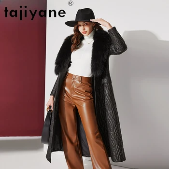 Tajiyane Brand Real Leather Jacket Women 2023 Winter Genuine Sheepskin Cotton Coat Luxury Fox Fur Collar Waisted Long Jackets