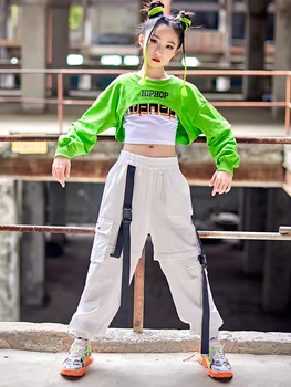Teen Girls Hip Hop Dance Kostiumas Green Crop Tops Baltos kelnės Šiuolaikinio šokio praktikos drabužiai Koncertinis pasirodymas Apranga BL9077